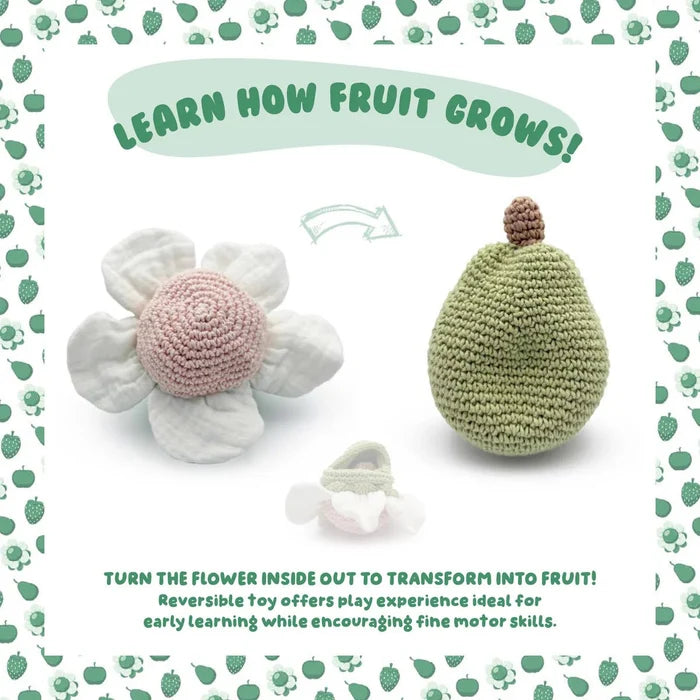 Toy with reversible design of a flower and fruit on a patterned background.