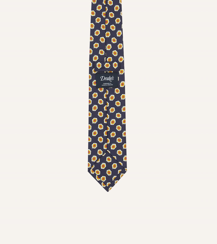 Navy Hexagon Tile Print Silk Self-Tipped Tie