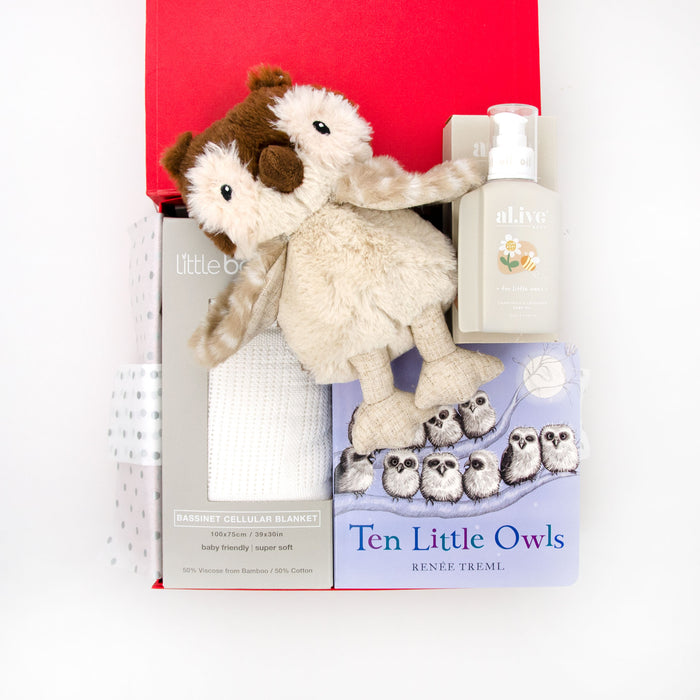 Bundle presented in our red signature memory box including the Board book Ten Little Owls, a bassinet blanket, an Oscar Owl, and lavender al.ive baby oil. Price: 139