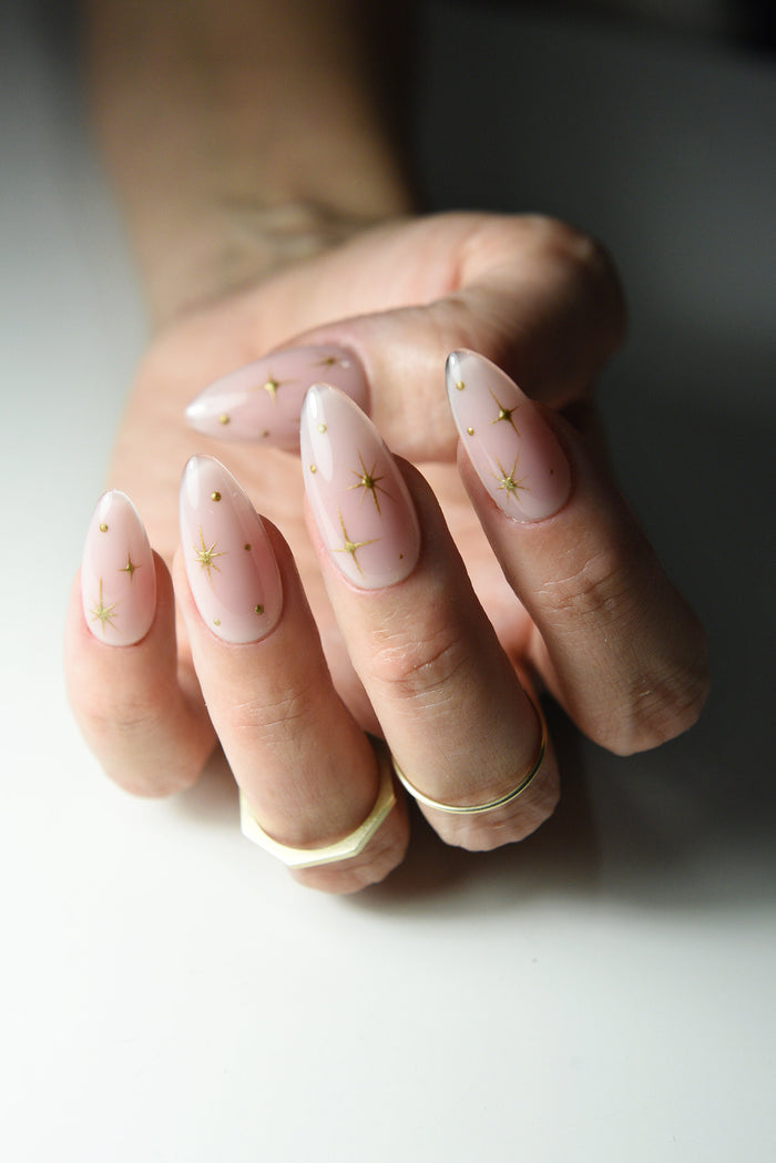 Nude Press On Nails with Golden Stars and Dots, Cute nails for girl, girlie nails, long, short, almond coffin, stiletto, square, reusable – Luxury Handmade Reusable Press On Nails