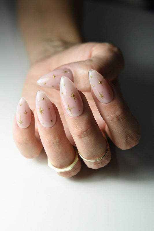 Nude Press On Nails with Golden Stars and Dots, Cute nails for girl, girlie nails, long, short, almond coffin, stiletto, square, reusable – Luxury Handmade Reusable Press On Nails