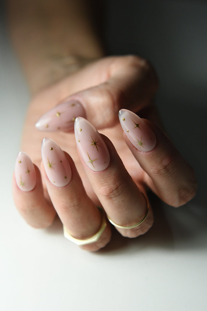 Nude Press On Nails with Gold Stars – Handmade Reusable Set | Custom Shape | Cute Celestial Look