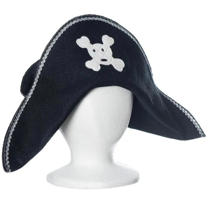 Black pirate hat with white skull and crossbones on a mannequin head on a white background