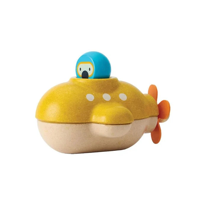 Yellow toy submarine with a blue diver on top and an orange propeller on a white background