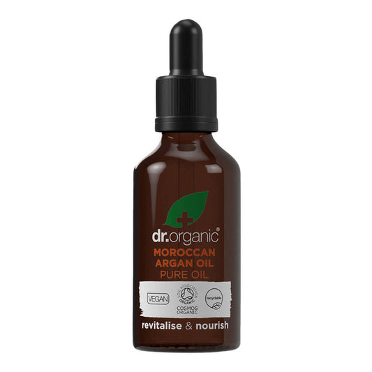 50ml bottle with dropper of Dr. Organic pure moroccan argan oil. Revitalises & nourishes hair, skin, lips & nails.