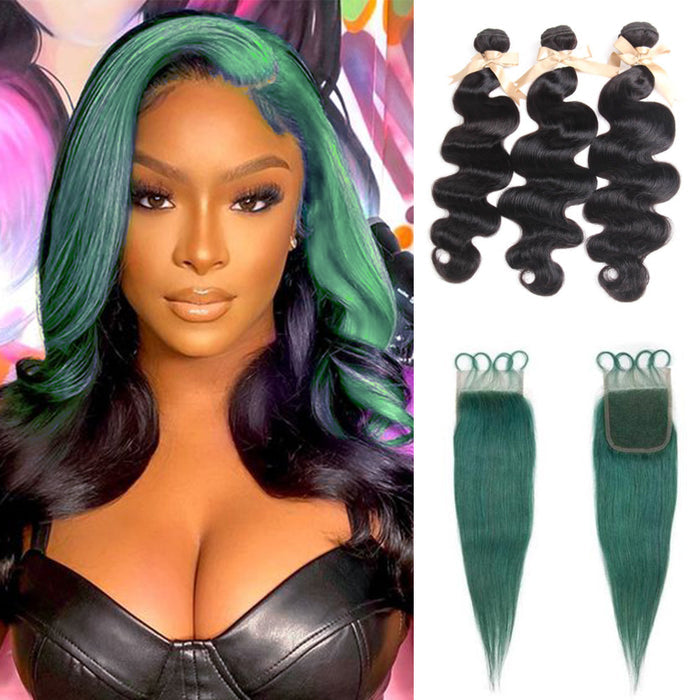 qvr black wavy human hair bundles and jade green virgin human hair with lace closure skunk stripe hairstyle