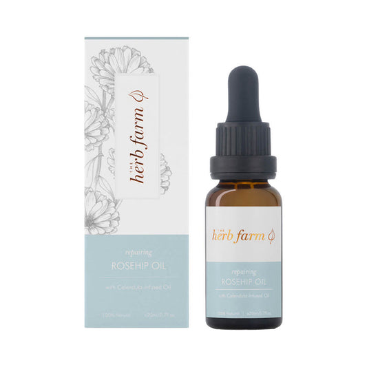 20ml dropper bottle The Herb Farm Repairing Rosehip Oil with calendula-infused oil.