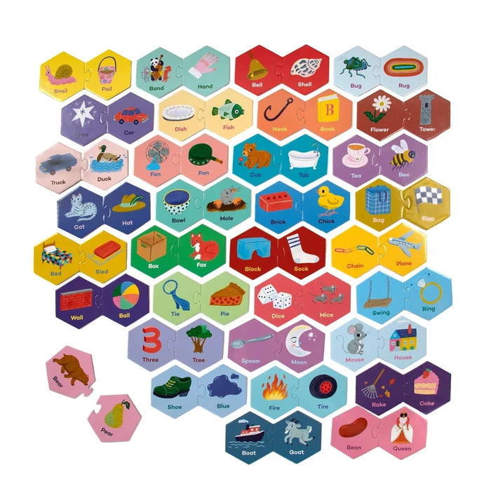 Hexagonal tiles with various illustrations and labels on a white background