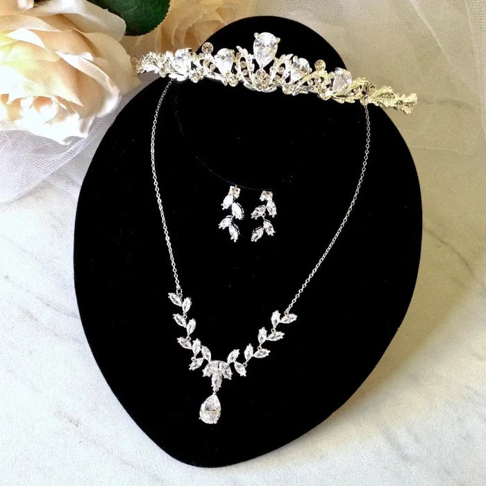 Wedding Jewelry and Accessories - Silver Cubic Zirconia 3-Piece Bridal Jewelry Set With Tiara