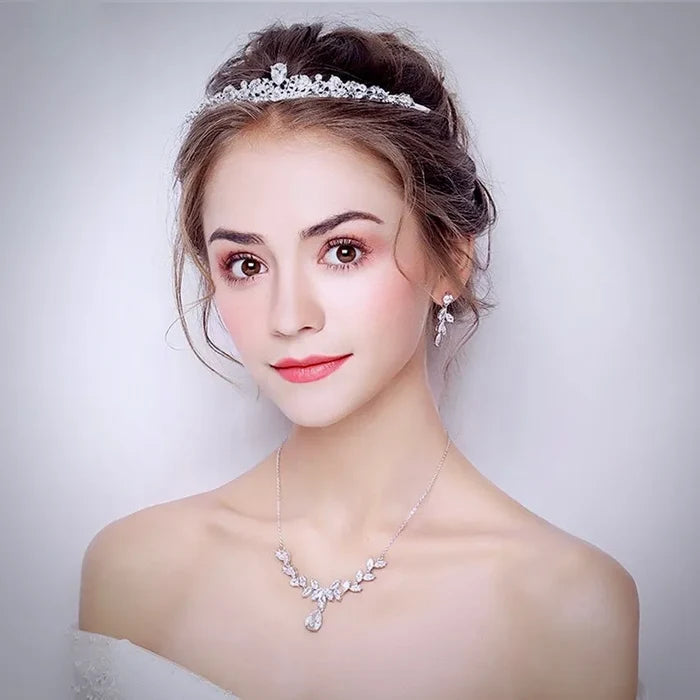 Wedding Jewelry and Accessories - Silver Cubic Zirconia 3-Piece Bridal Jewelry Set With Tiara