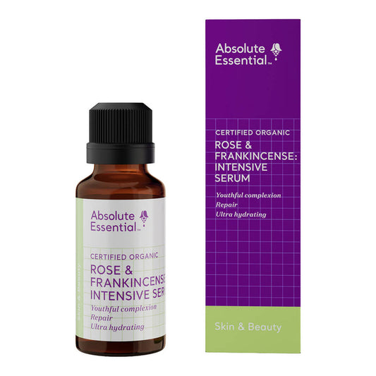 Absolute Essential Rose & Frankincense Intensive Serum bottle and packaging on a white background