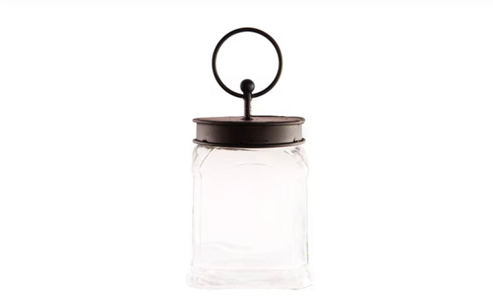 Round Top Square Glass Jar Large with Black Lid
