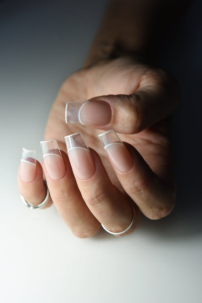Royal Glass French Press-On Nails – Clean Girl Wedding Look, Reusable Handmade Luxury Gel Set