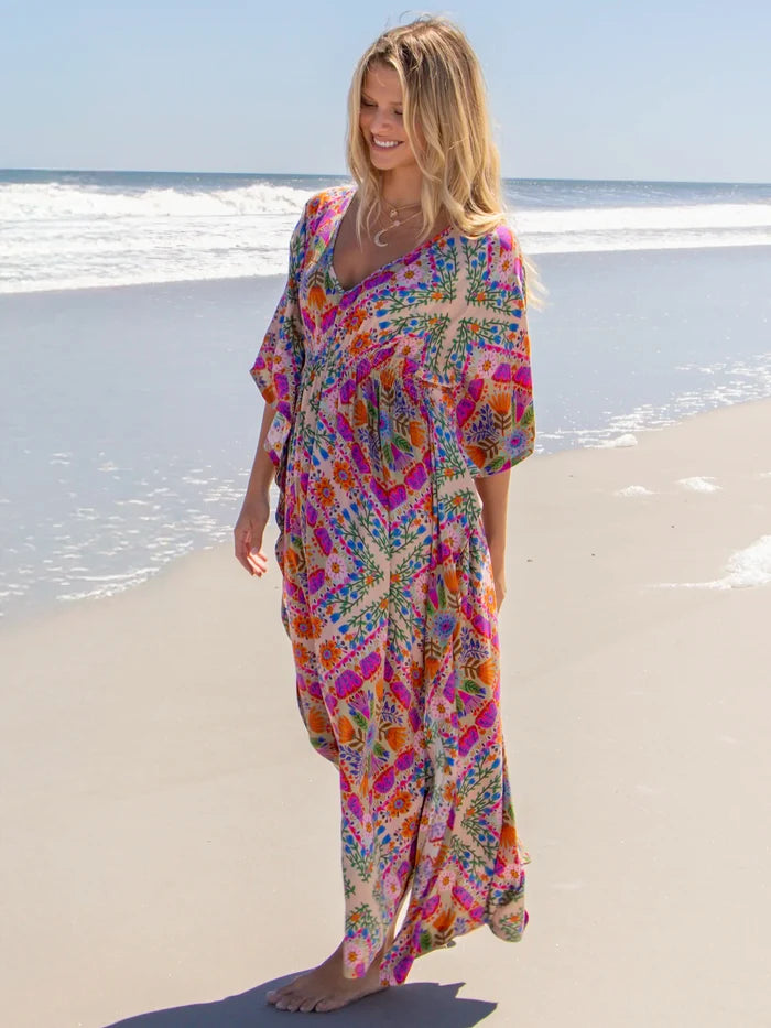 Sanibel Kaftan Maxi Dress - Diamond Border Folk Floral-view 2