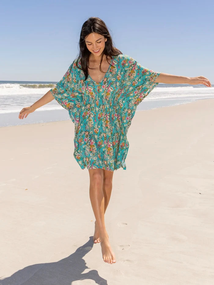 Sanibel Kaftan Mini Dress - Turquoise Floral-view 1
