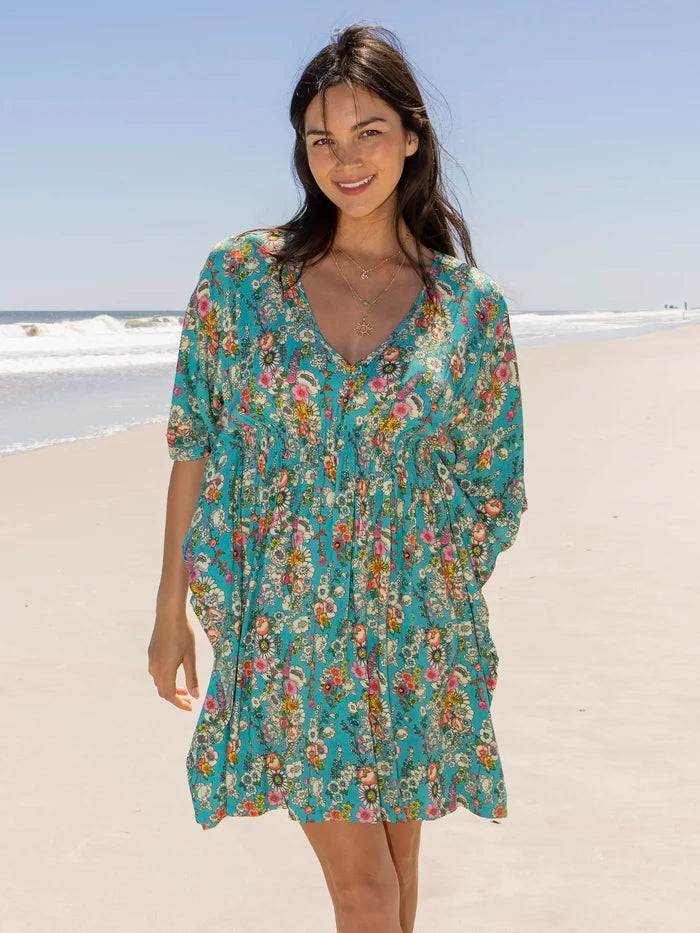 Sanibel Kaftan Mini Dress - Turquoise Floral-view 2