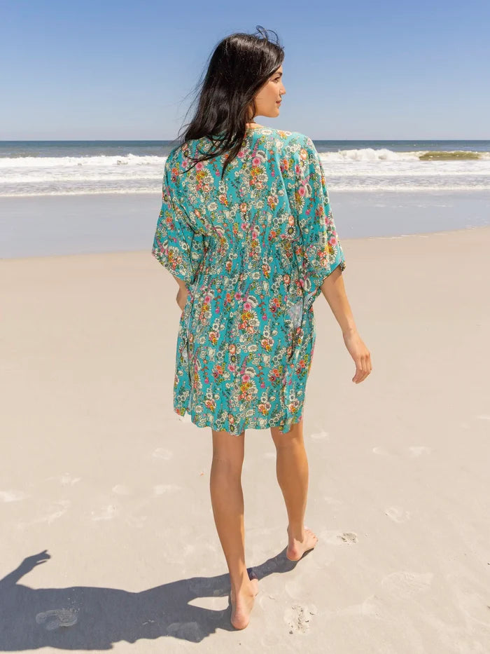 Sanibel Kaftan Mini Dress - Turquoise Floral-view 3