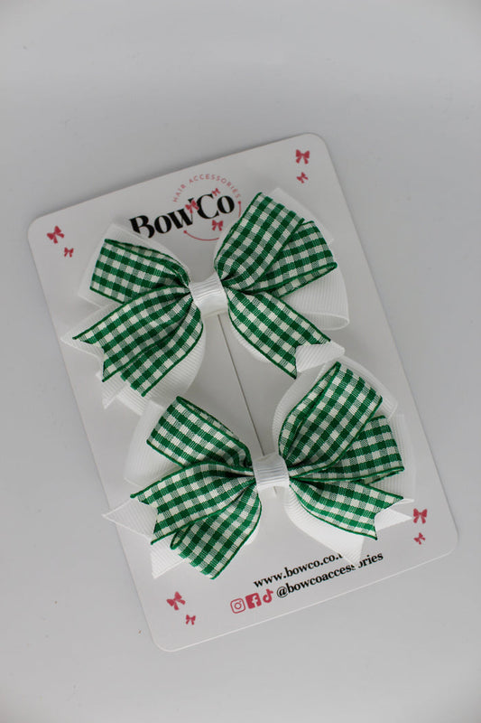 School Green Bow Gingham Double Tail Bow Set - Clip