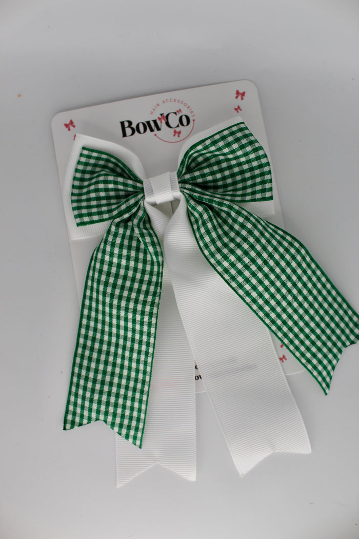School Green Gingham Classic Tail Bow - Clip