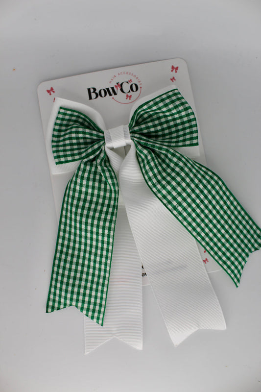 School Green Gingham Classic Tail Bow - Clip