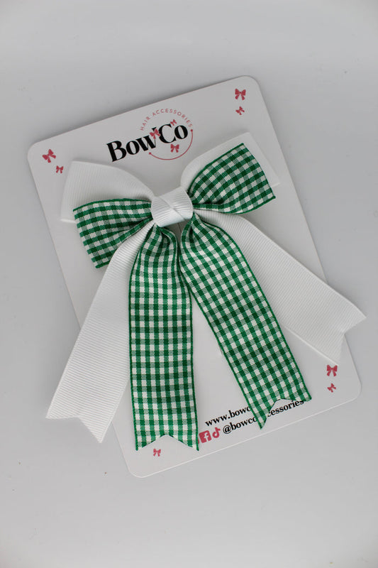 School Green Gingham Double Ribbon Tail Bow - Clip