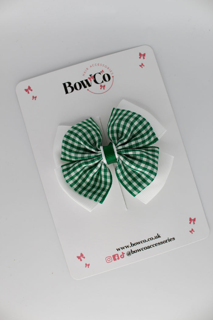 School Green Gingham Layer Edge Bow - Clip