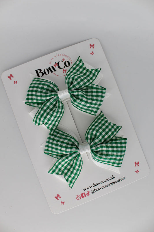 School Green Gingham Layer Tail Bow Set - Clip