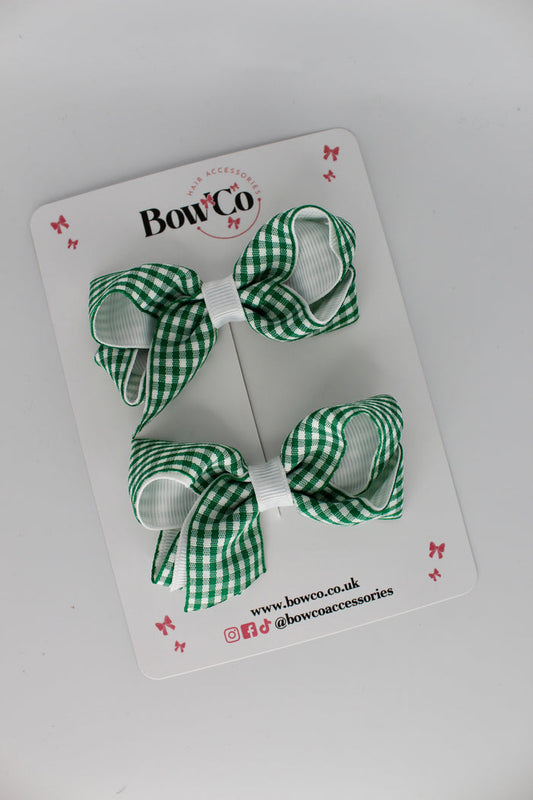 School Green Gingham Loop Bow Set - Clip