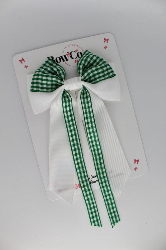 School Green Gingham Streamer Tail Bow - Clip