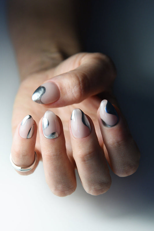 SILVER WAVES Chrome Nail Art Cute Design for girlies, Cream Nude Press On Nails, gift for girlfriend, long stiletto, short almond, reusable – Luxury Handmade Reusable Press On Nails