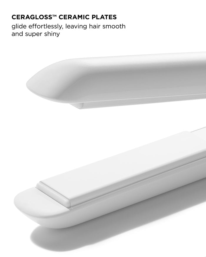 Close up of white hair straightener with CERAGLOSS