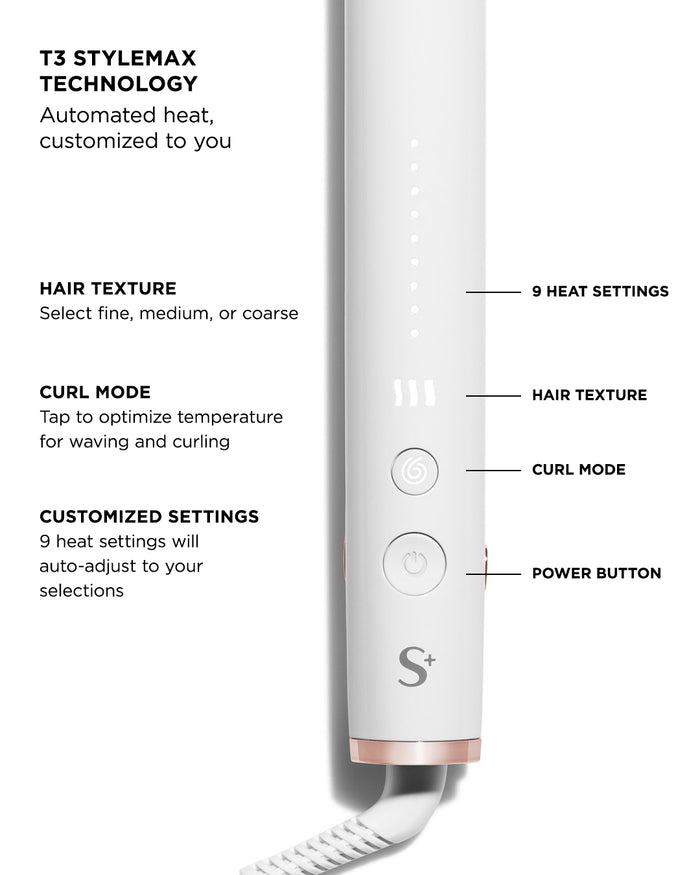 Hair styling tool with labeled features on a white background