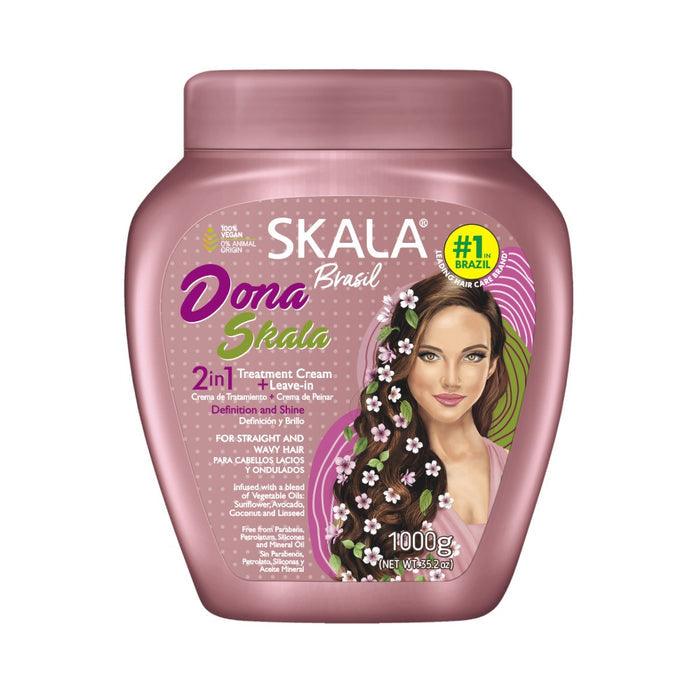 Dona Skala hair treatment cream in a pink jar for curly hair definition and leave-in care