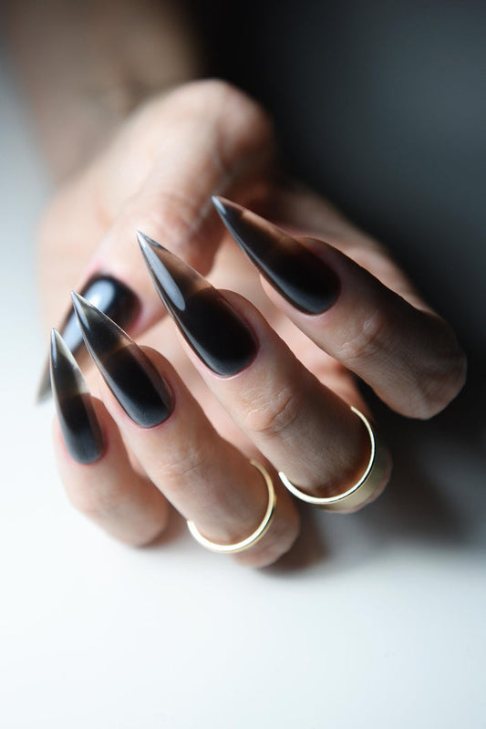 SMOKEY CHROME Glass Black  Korean Style Press On Nails, stiletto, almond oval coffin, reusable luxury fake nails, acrylic long, short goth – Luxury Handmade Reusable Press On Nails