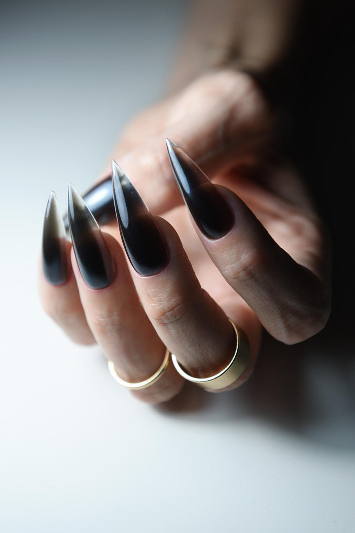 Smokey Chrome Glass Black Press On Nails – Korean Style Luxury Reusable Set – Handmade Fake Nails for Goth, Long or Short