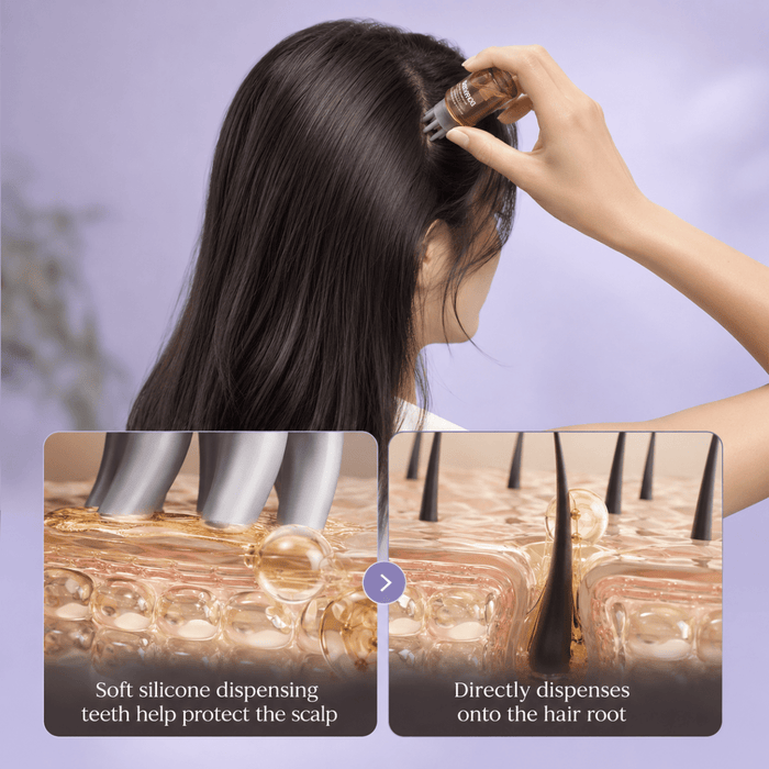 Person applying a hair product to their hair with close-up details of the product's action on scalp and hair root.