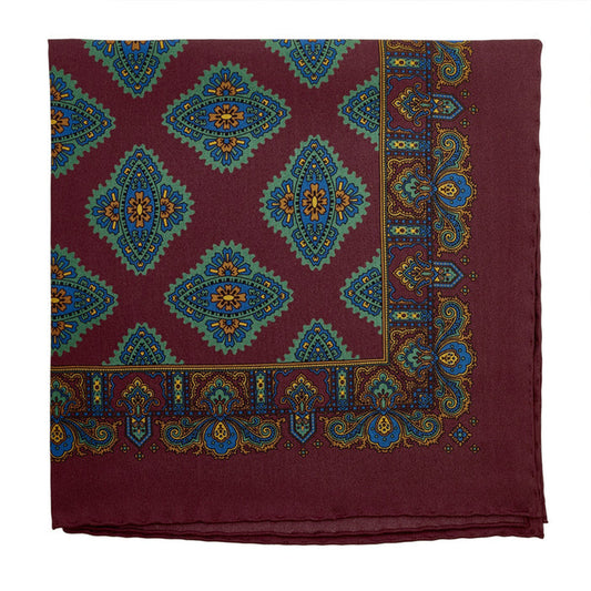 Sovereign Grade 100% Silk Large Medallion Burgundy Pocket Square