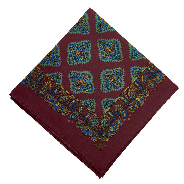 Sovereign Grade 100% Silk Large Medallion Burgundy Pocket Square