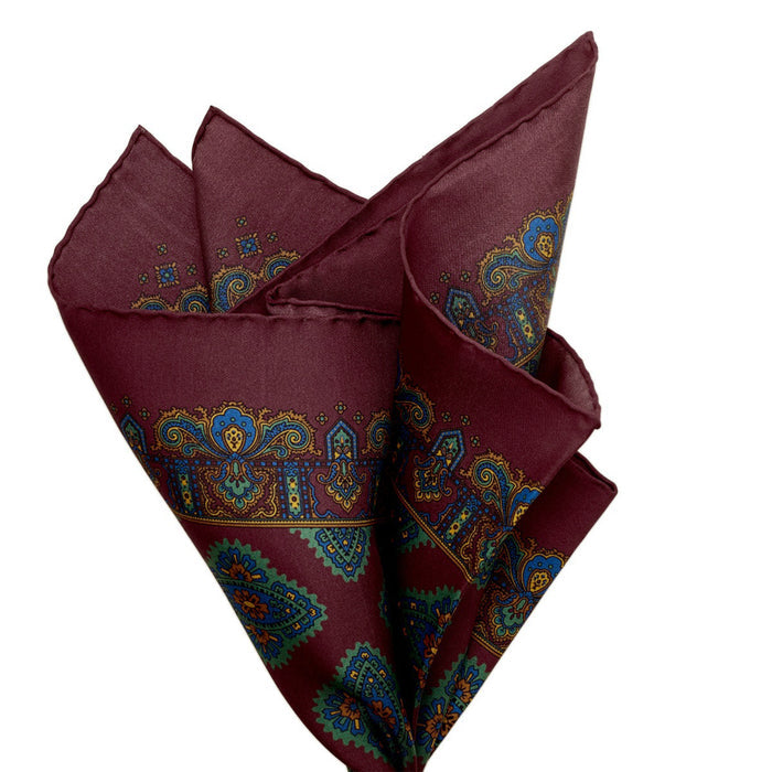 Sovereign Grade 100% Silk Large Medallion Burgundy Pocket Square