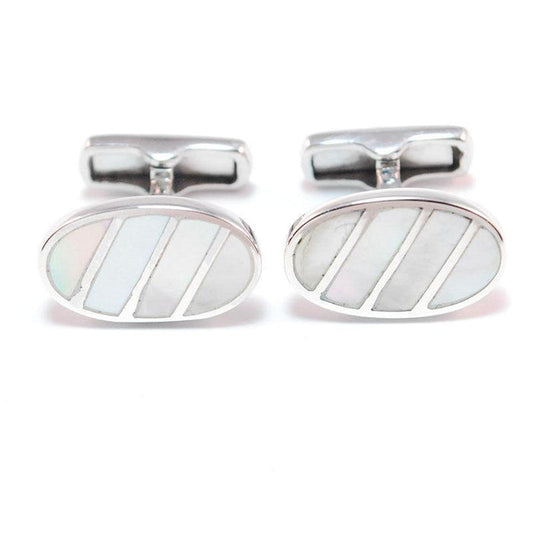 sterling silver cufflinks with oval shape and white striped inlay design