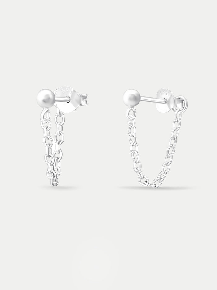 Sterling Silver Dot Drop Chain Stud Earrings | Silver-Image 2