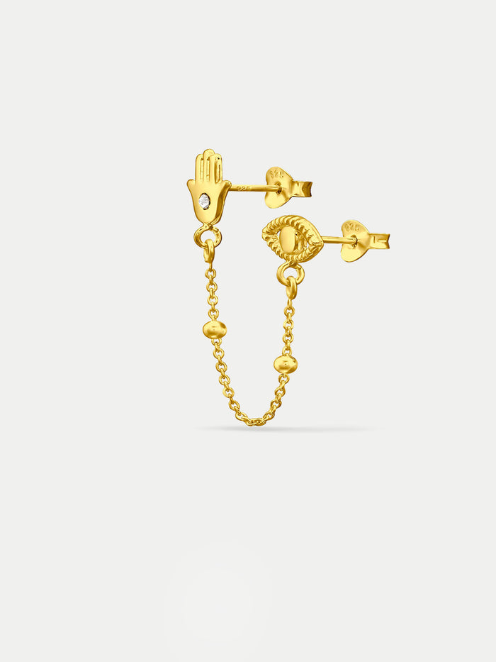 Sterling Silver Gold Plated Hamsa and Eye Drop Stud Earring | Gold-Image 1