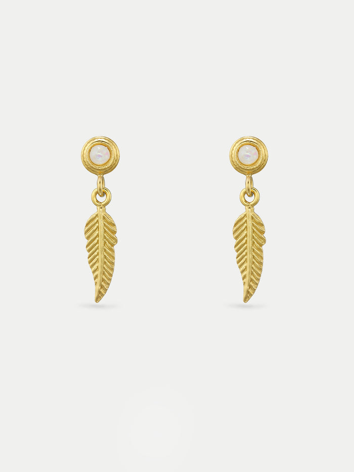 Sterling Silver Gold Plated Opal Feather Drop Stud Earrings | Gold-Image 1