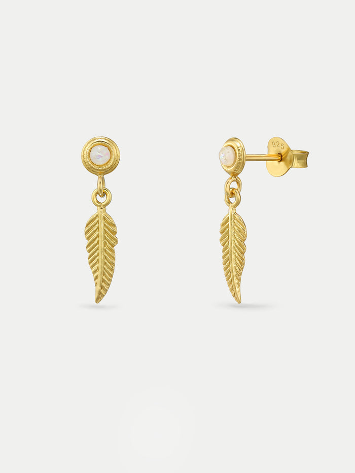 Sterling Silver Gold Plated Opal Feather Drop Stud Earrings | Gold-Image 2