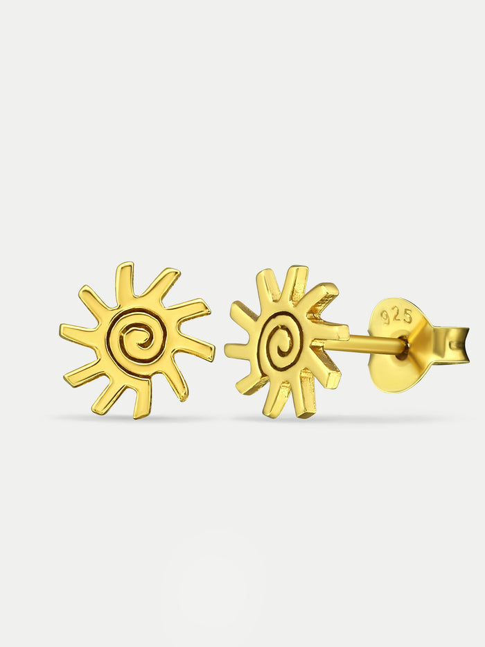 Sterling Silver Gold Plated Spiral Sun Stud Earrings | Gold-Image 2