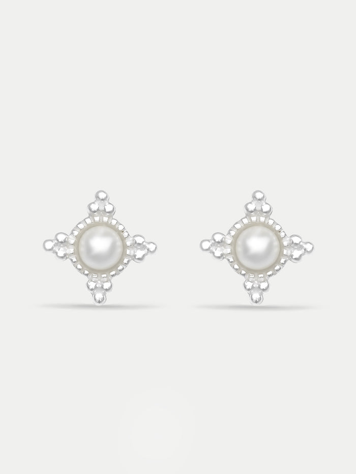 Sterling Silver Ornate Pearl Stud Earrings | Silver-Image 1