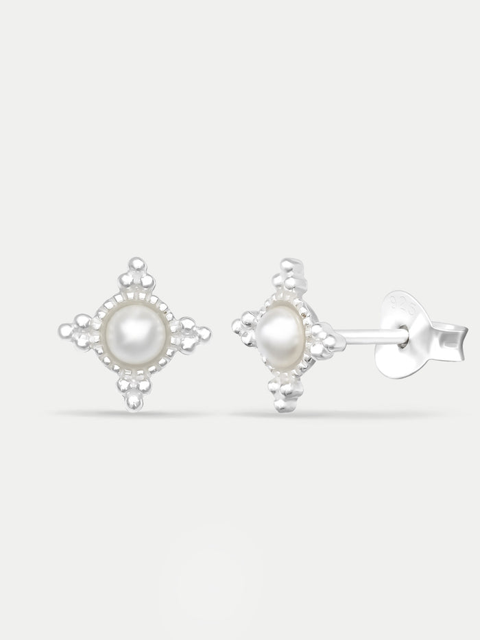 Sterling Silver Ornate Pearl Stud Earrings | Silver-Image 2