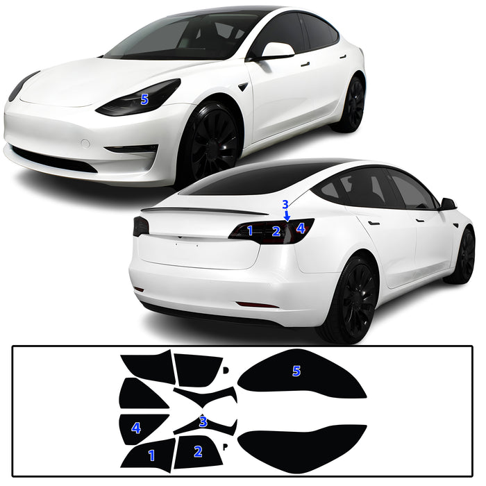 Tesla Model 3 2017–2023 Dark Smoke Headlight & Taillight Tint Kit – Precut Vinyl Lens Overlays