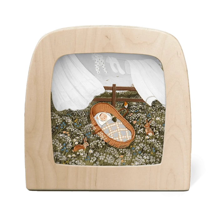 Silhouette of baby sleeping in a basket in a field of flowers and a clothesline