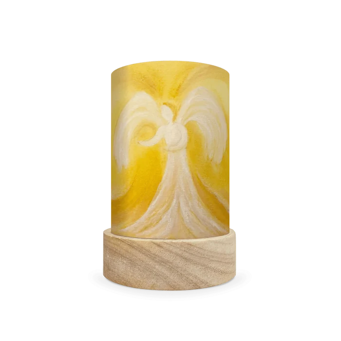 Decorative cylindrical lamp featuring a scene of an angel on a yellow background